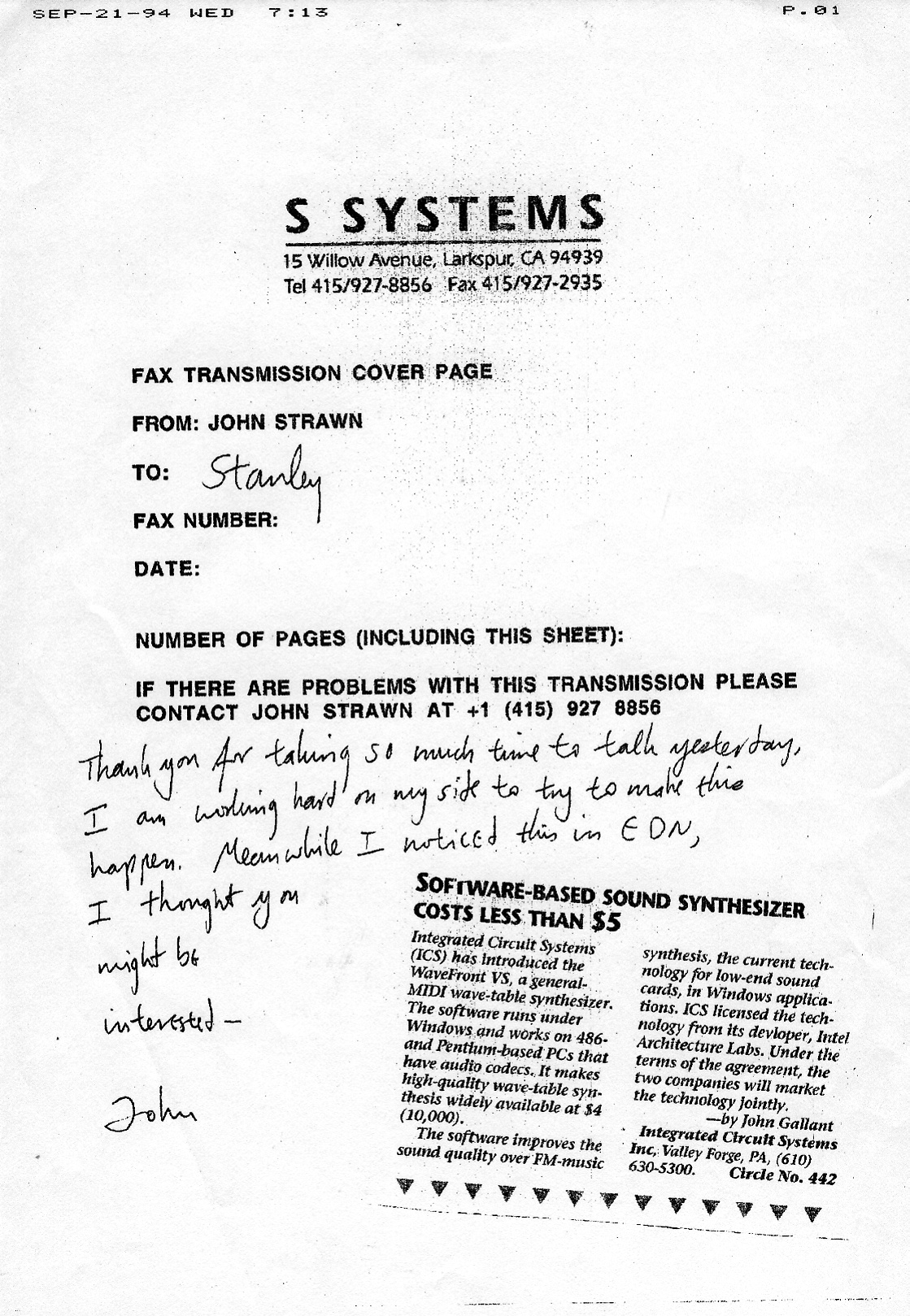 940921 S SYSTEMS FAX